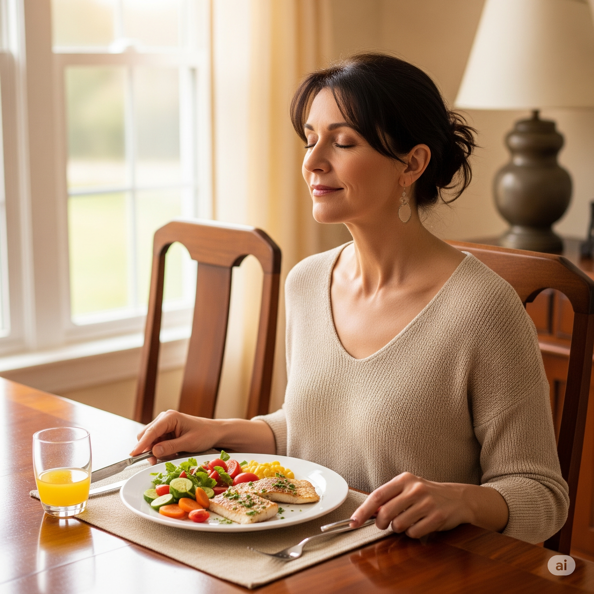 Mulher praticando a alimentação consciente (mindful eating) para melhorar a digestão, sentada calmamente à mesa antes de comer.