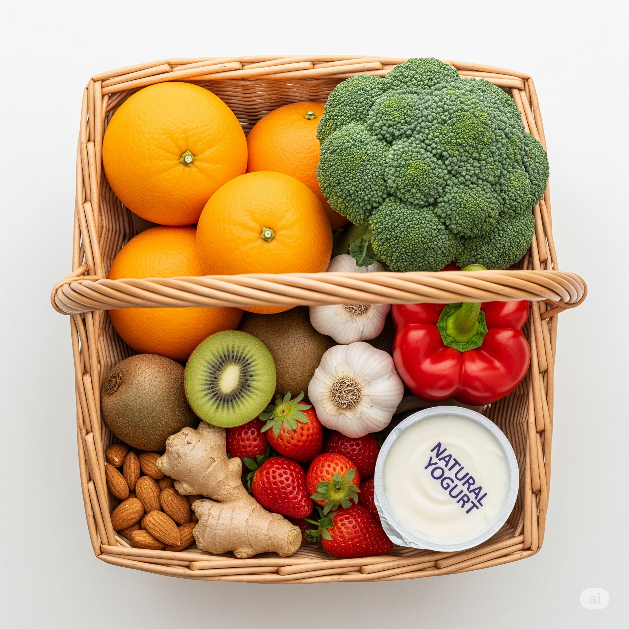 Cesta de compras cheia de alimentos saudáveis e coloridos que ajudam a fortalecer a imunidade, como frutas cítricas, vegetais e nozes.