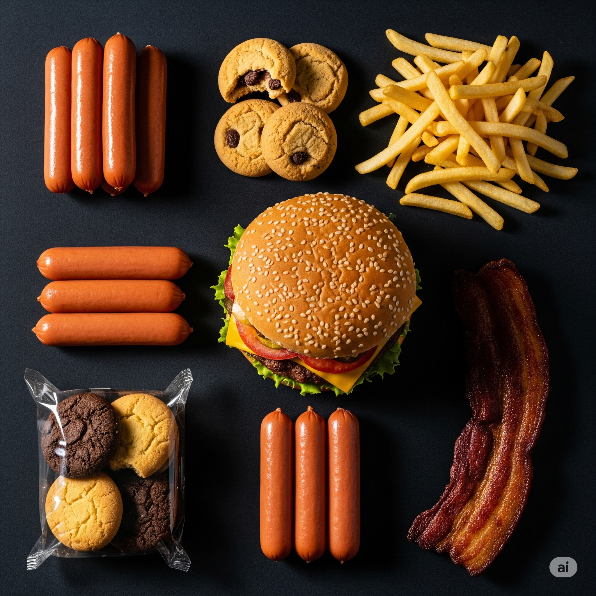 Uma seleção de alimentos ruins e ultraprocessados, como frituras e embutidos, que contribuem para o aumento do colesterol alto.