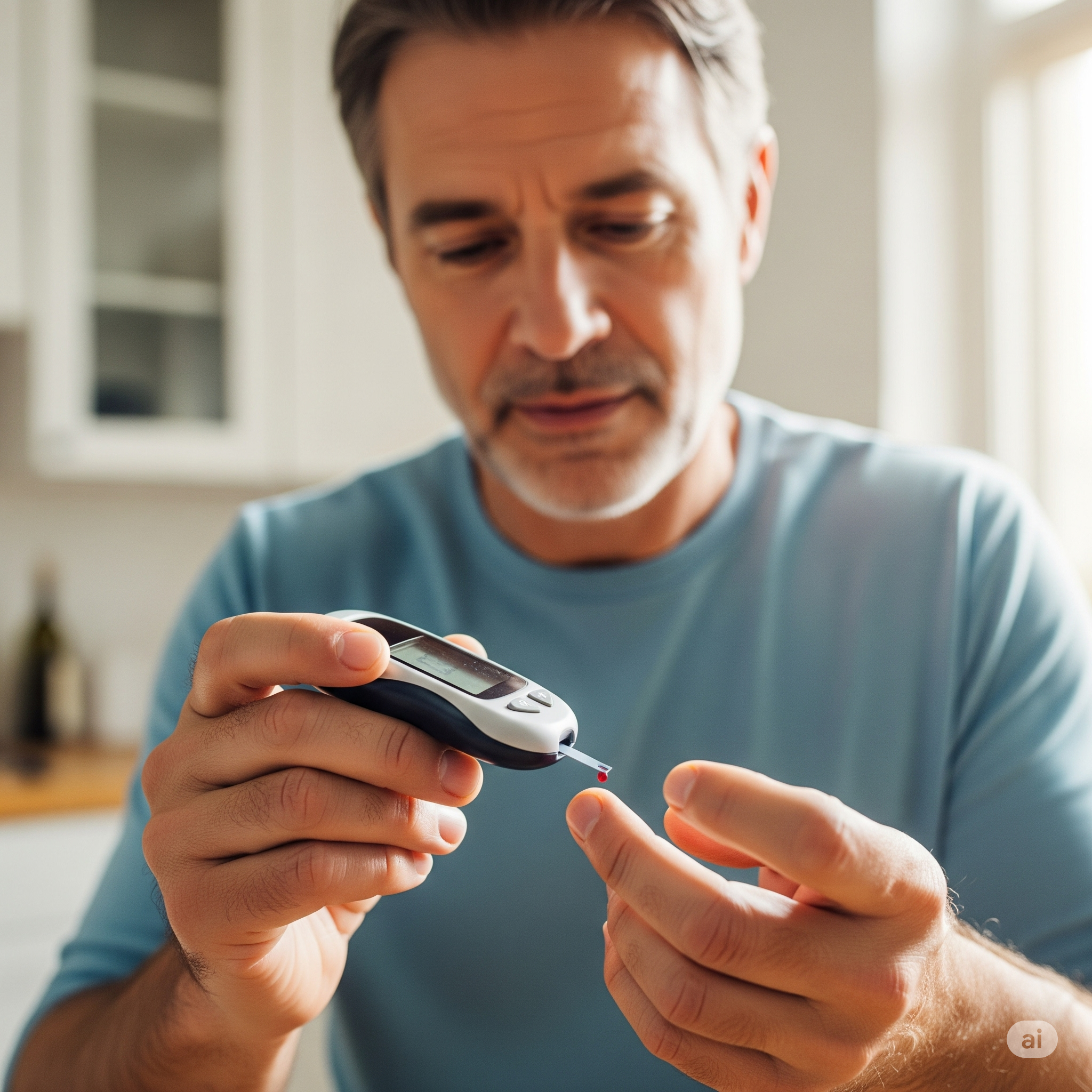 Pessoa realizando um teste de glicemia em casa para monitorar os níveis de açúcar no sangue e controlar a diabetes.