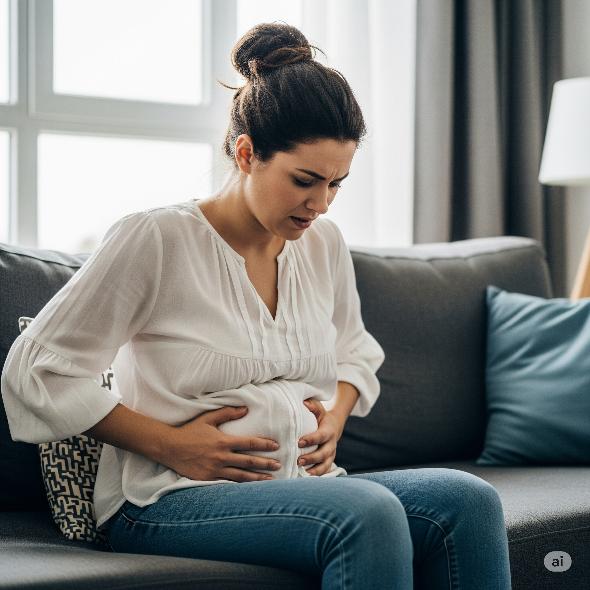 Mulher sentada em um sofá sentindo desconforto e segurando o abdômen, ilustrando o problema da barriga inchada e dos gases intestinais.