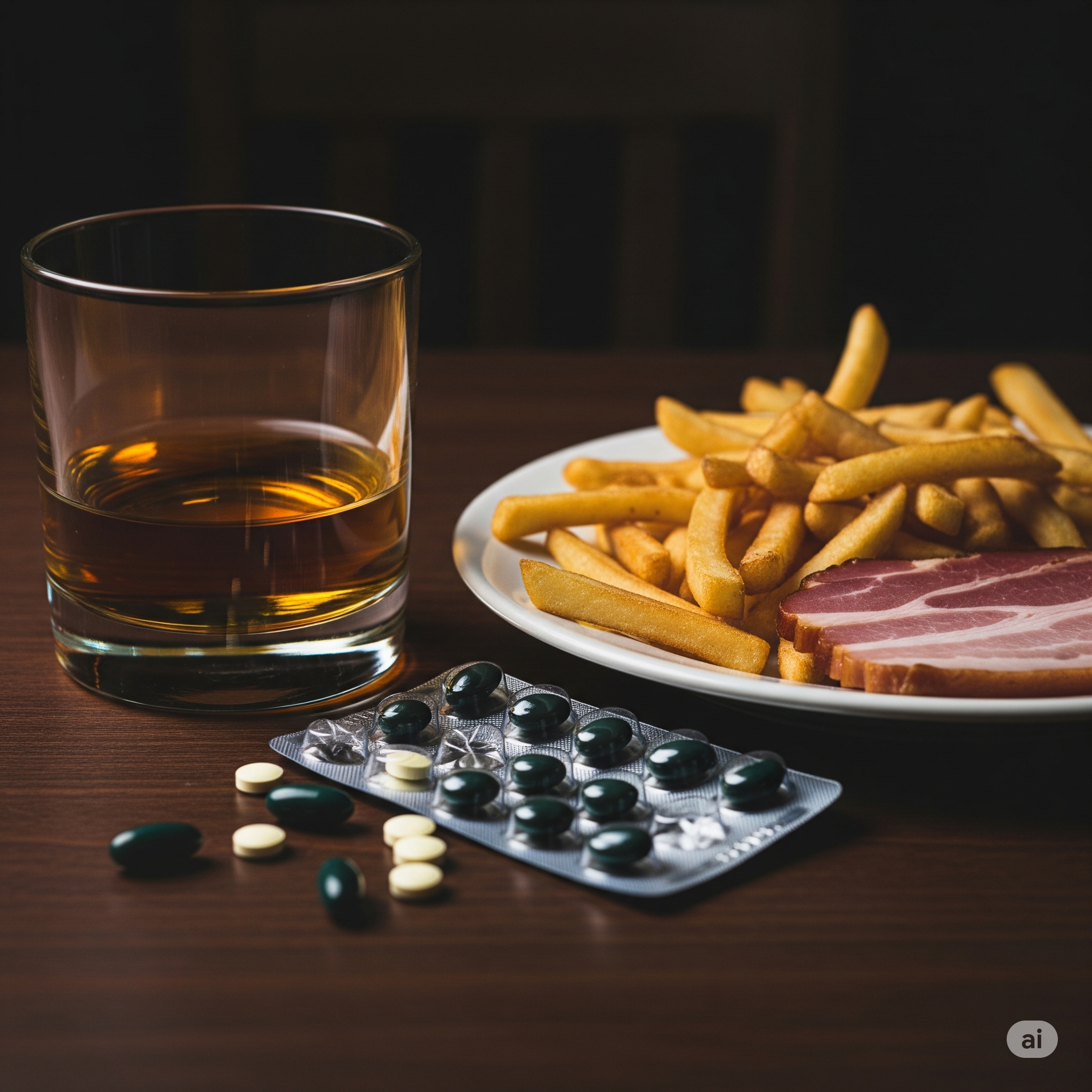 Uma composição com álcool, frituras e medicamentos, representando os principais inimigos da saúde do fígado e do processo de desintoxicação.
