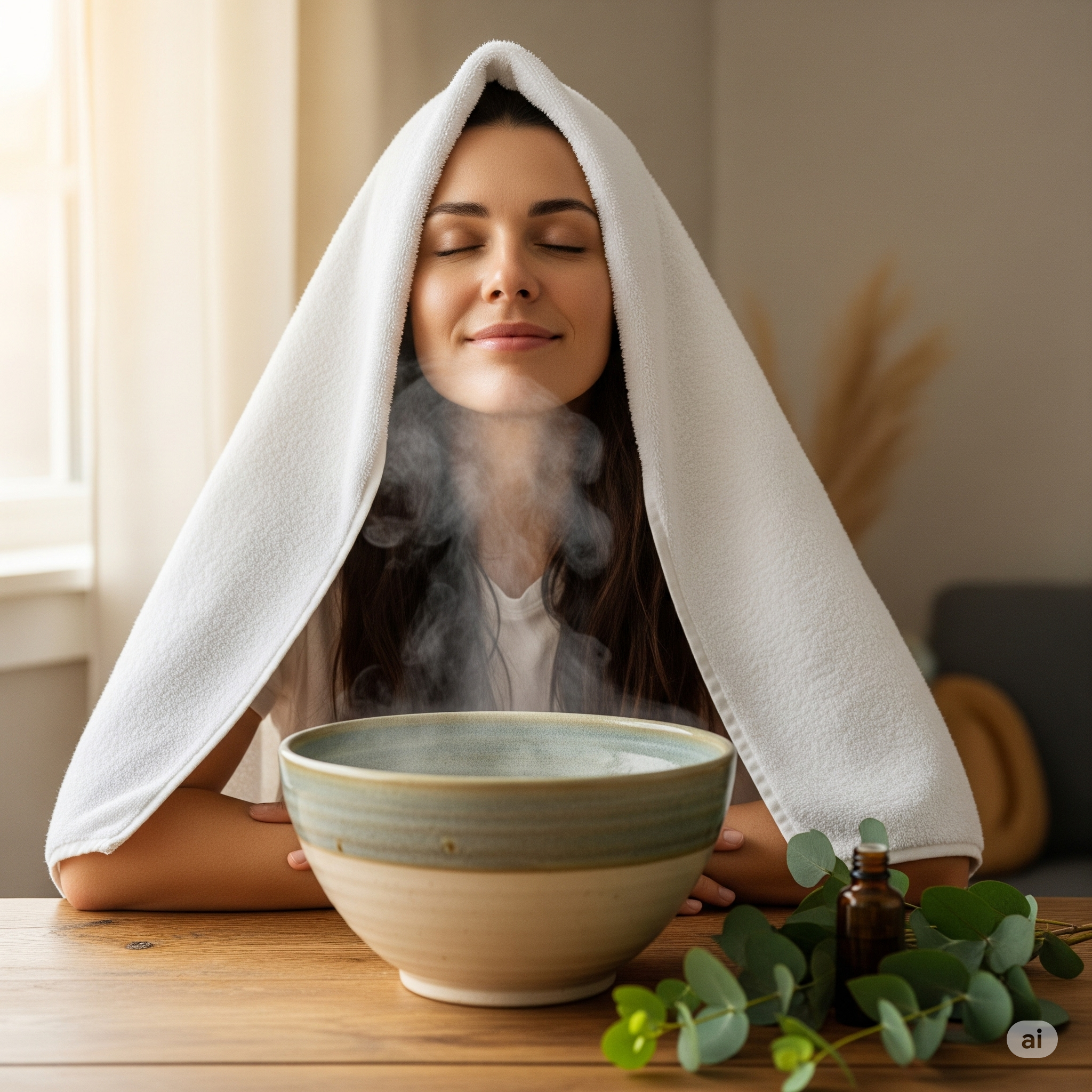 Mulher fazendo inalação de vapor com uma toalha sobre a cabeça para aliviar a congestão nasal da sinusite.