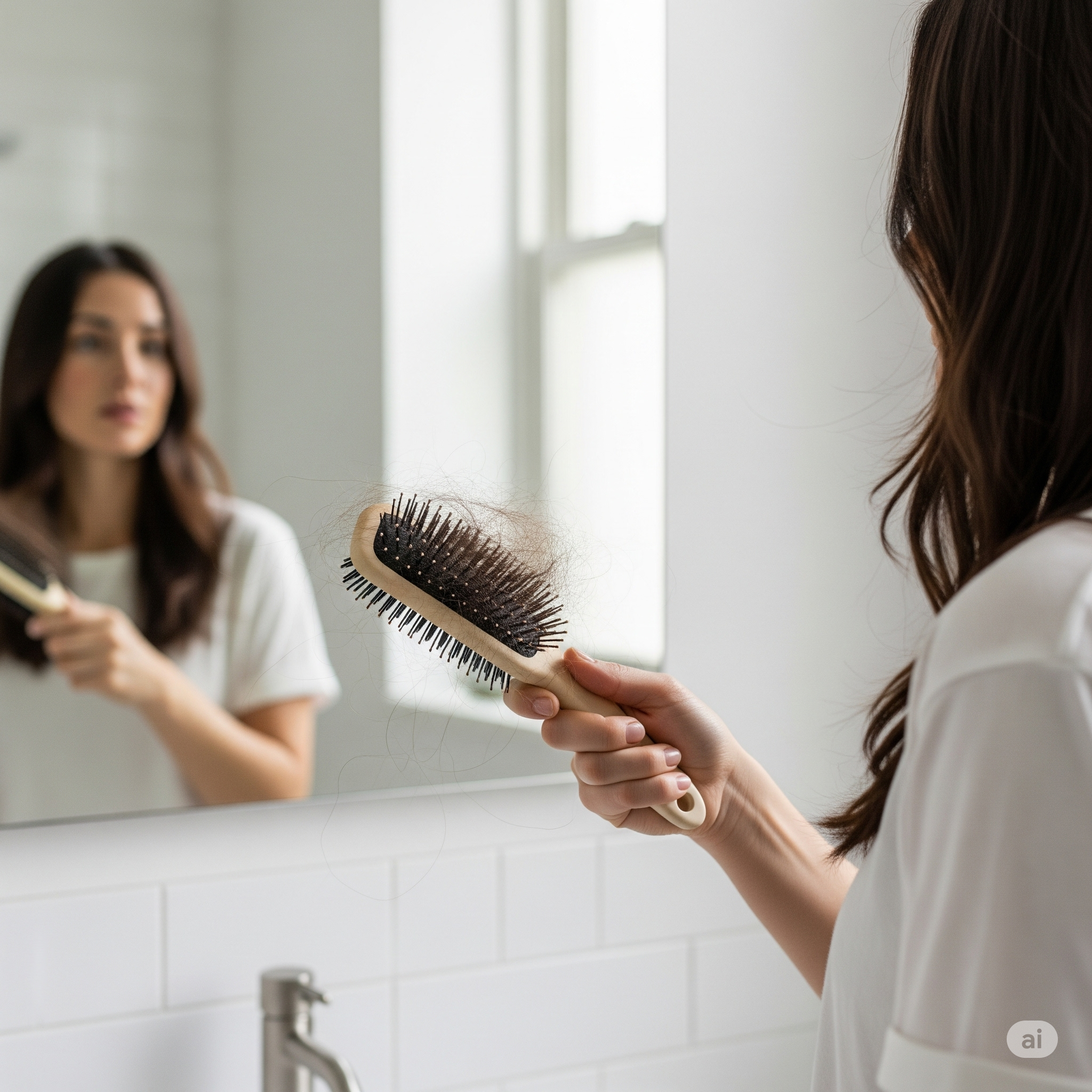 Mulher olhando com preocupação para os fios de cabelo que caíram em sua escova, representando o problema da queda de cabelo.