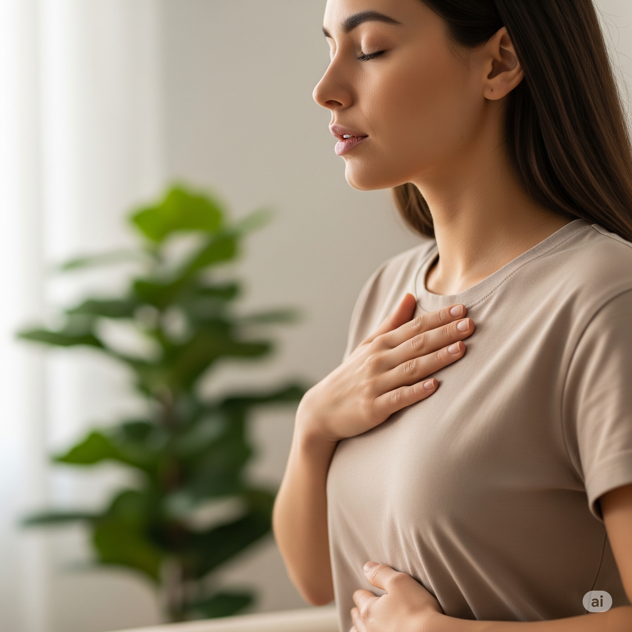 Mulher praticando técnicas naturais de respiração para controlar a ansiedade em um ambiente calmo e iluminado.