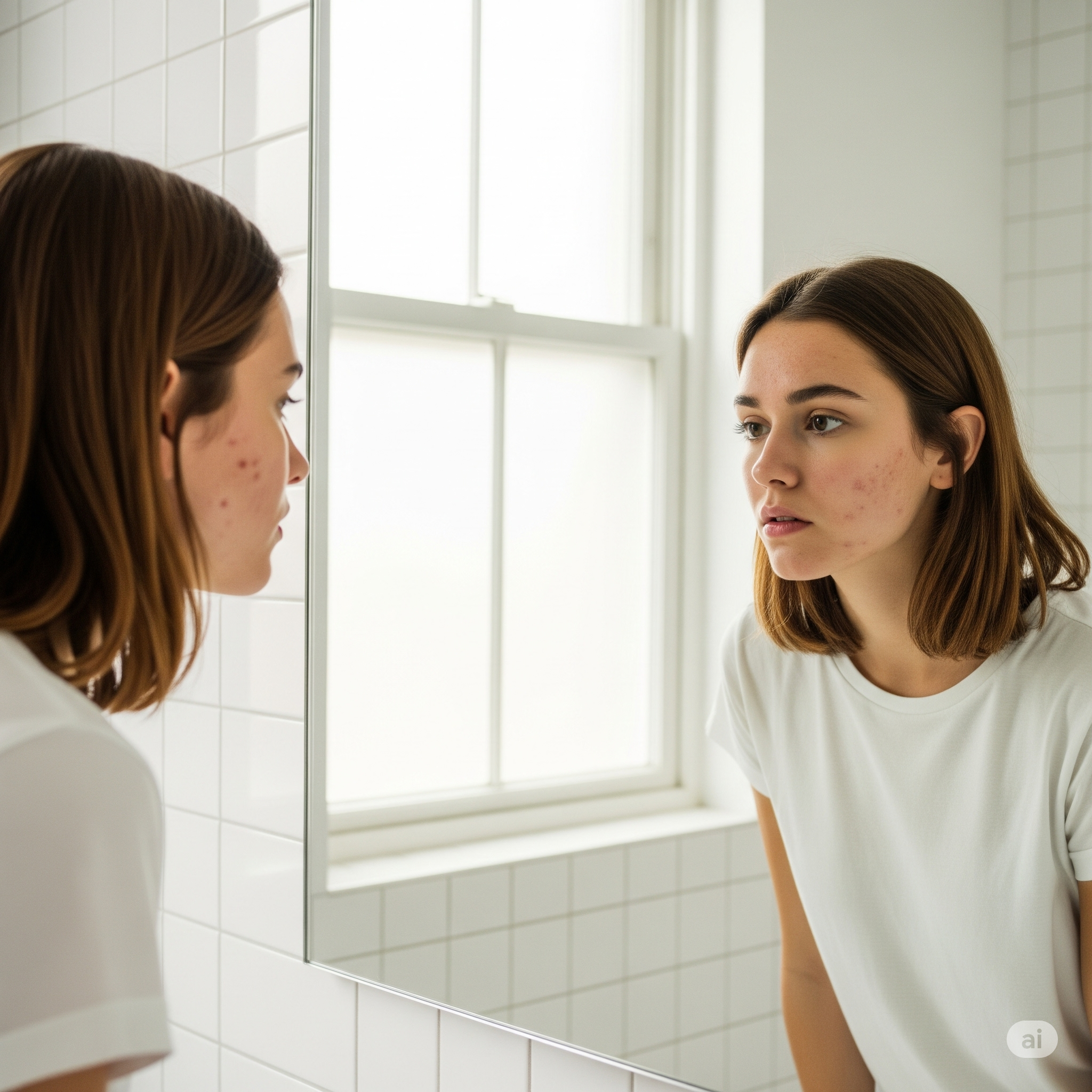 Jovem olhando para suas espinhas no espelho, refletindo sobre como tratar a acne e a pele oleosa.