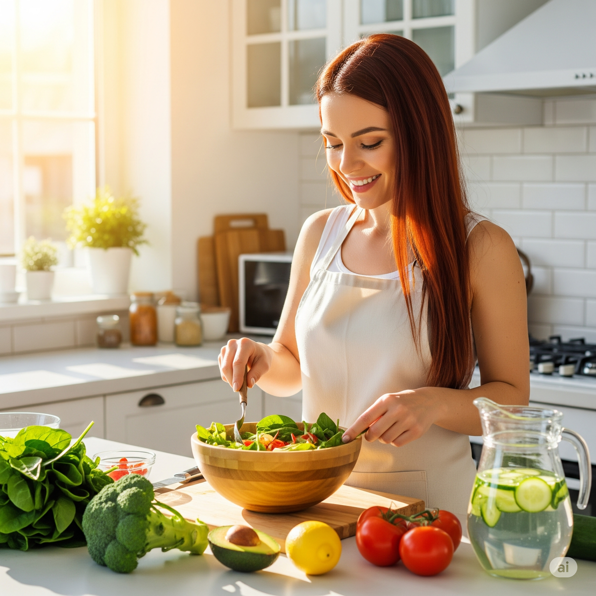 Mulher saudável preparando uma salada cheia de vegetais frescos, a base de uma verdadeira dieta de suporte ao detox natural do corpo.