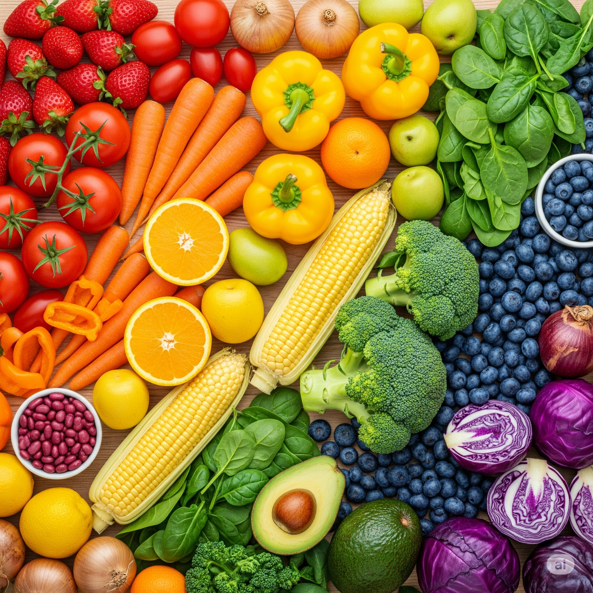 Uma variedade de frutas e vegetais coloridos arranjados em formato de arco-íris, simbolizando uma alimentação funcional para a prevenção de doenças.