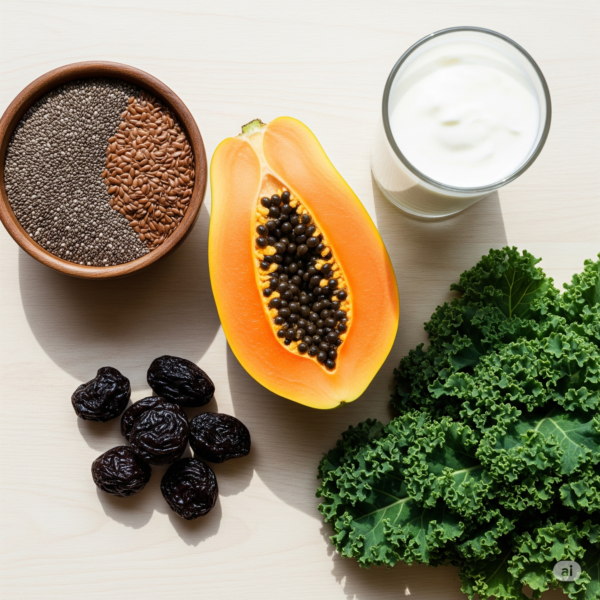 Uma seleção de alimentos ricos em fibras e probióticos, como mamão, chia, linhaça e kefir, que ajudam a limpar o intestino naturalmente.