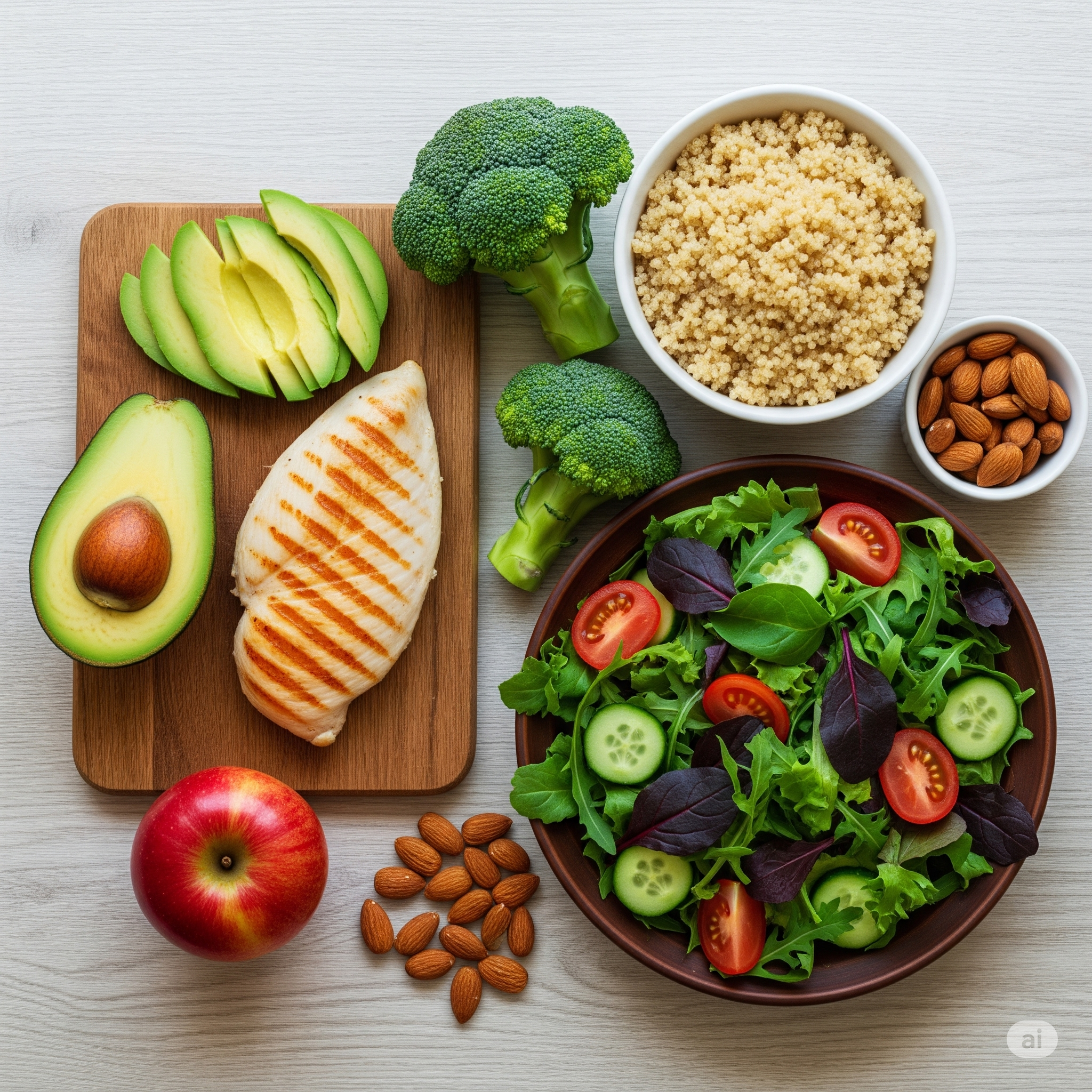 Mesa com uma variedade de alimentos saudáveis e nutritivos que auxiliam no processo de emagrecer, como proteínas magras, vegetais e gorduras boas.