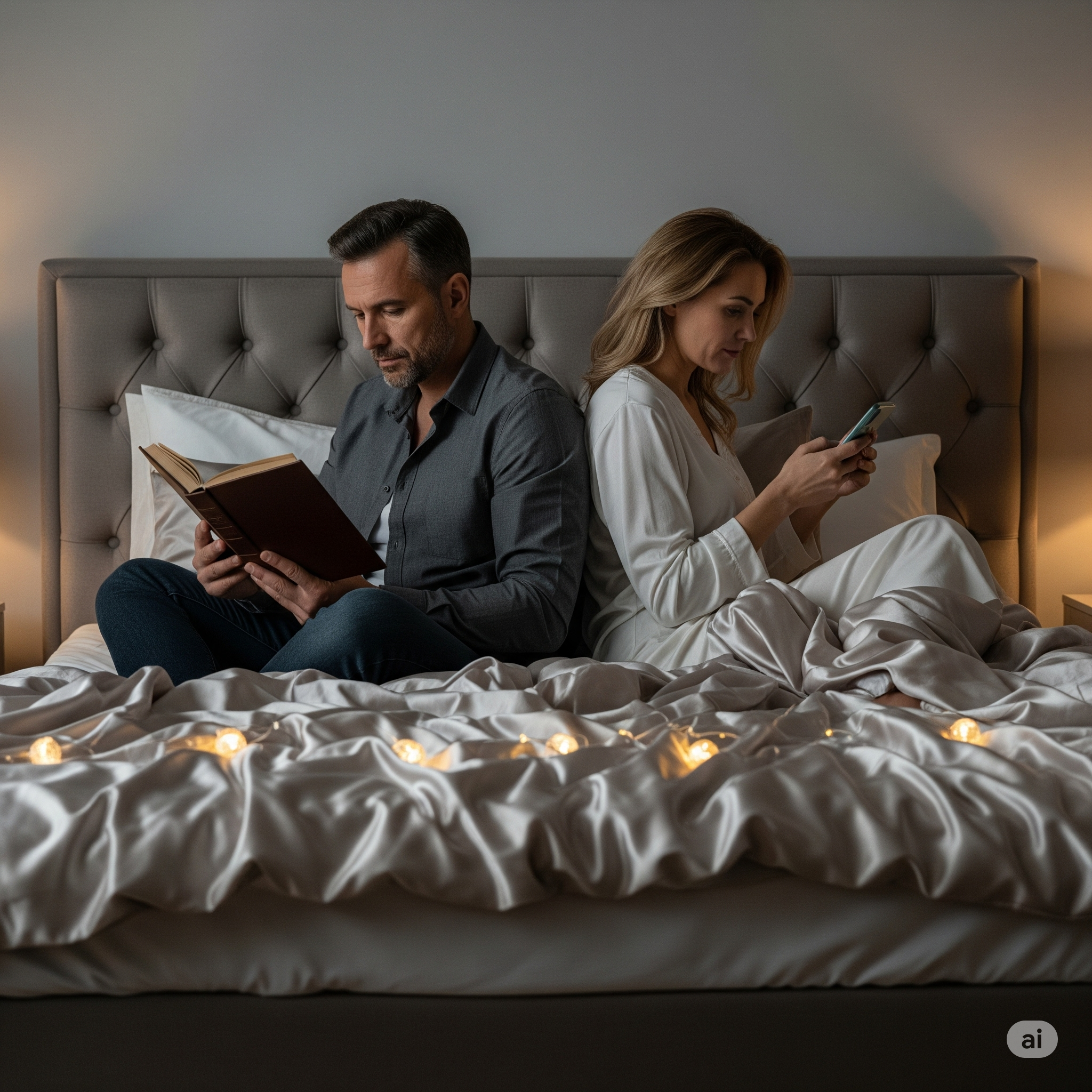 Casal na cama mostrando distanciamento emocional, representando o impacto da baixa libido e da falta de desejo sexual no relacionamento.