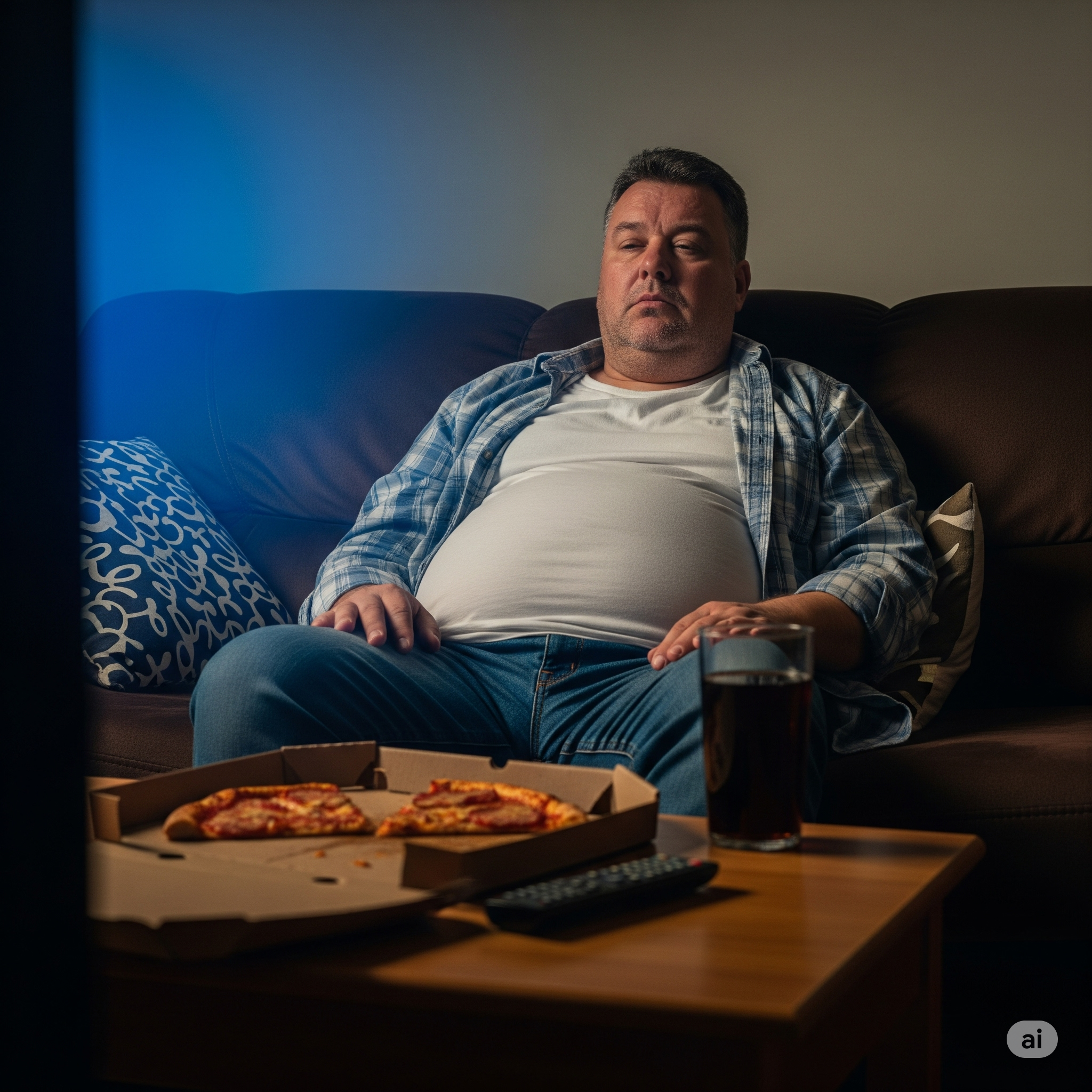 Homem com hábitos sedentários e dieta inadequada, fatores de risco para o desenvolvimento de gordura no fígado (esteatose).