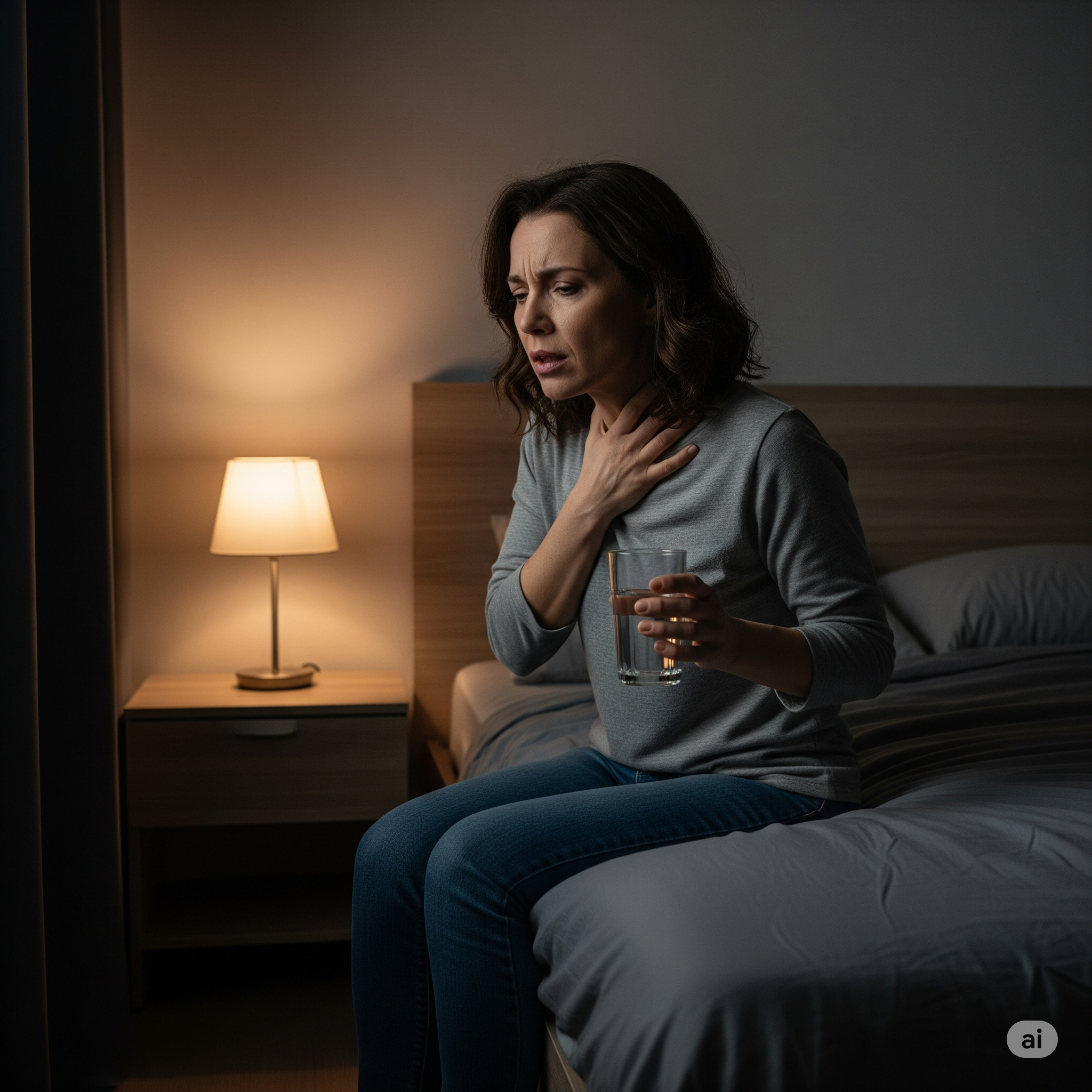 Mulher acordada à noite, sofrendo com uma crise de tosse seca persistente e irritativa, buscando alívio.