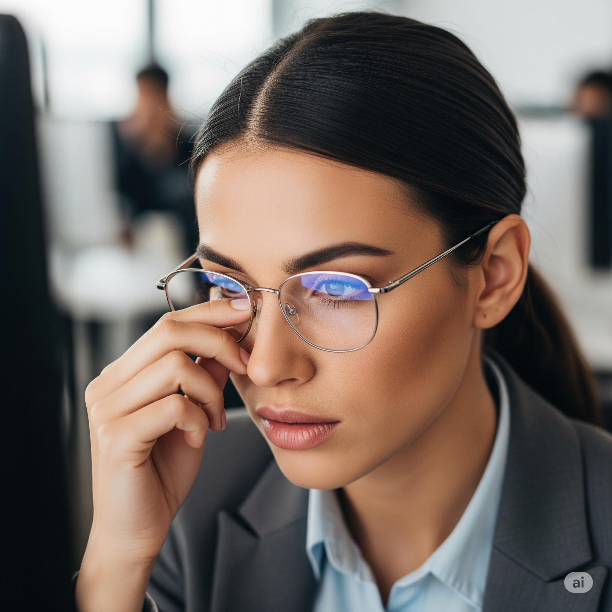 Pessoa com cansaço visual esfregando os olhos em frente ao computador, representando a necessidade de cuidado ocular na era digital.