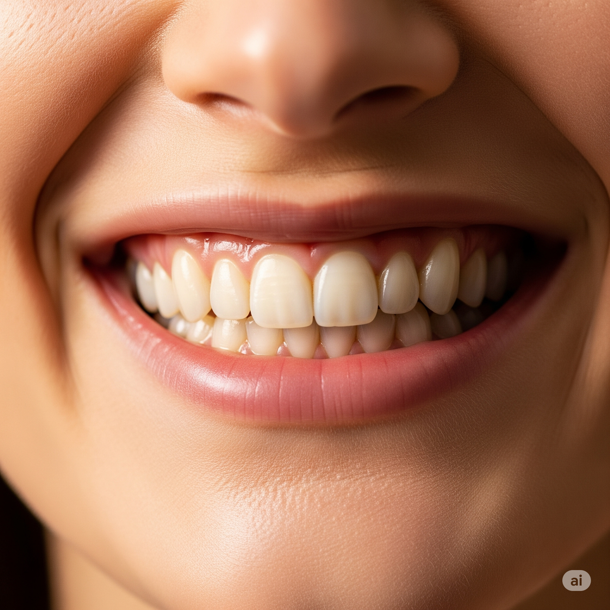 Close-up de um sorriso com dentes limpos e uma gengiva saudável, representando o resultado de uma boa saúde bucal.