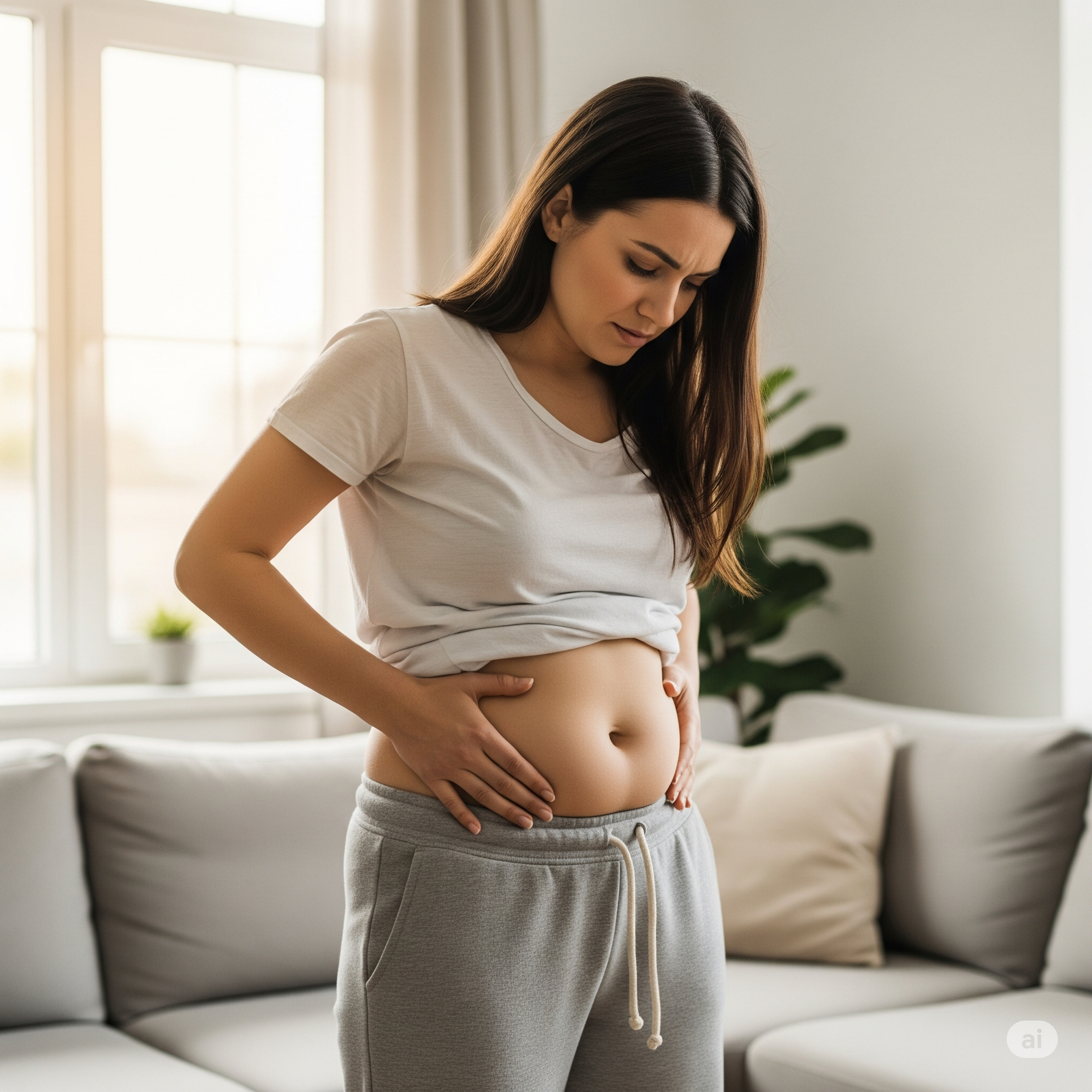 Mulher com expressão de desconforto segurando a barriga inchada, um sintoma comum do intestino preso.
