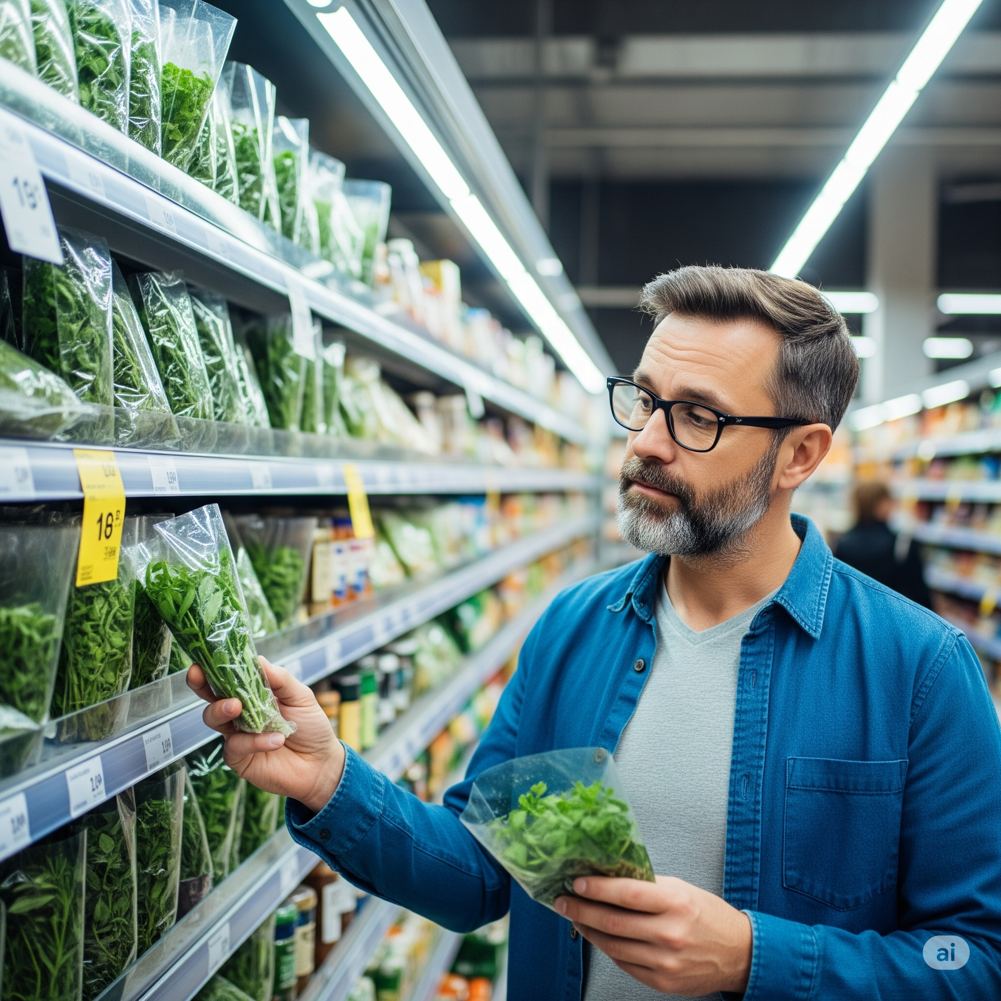 Pessoa no supermercado escolhendo ervas embaladas, representando o desejo de ter uma horta em casa com alimentos frescos.
