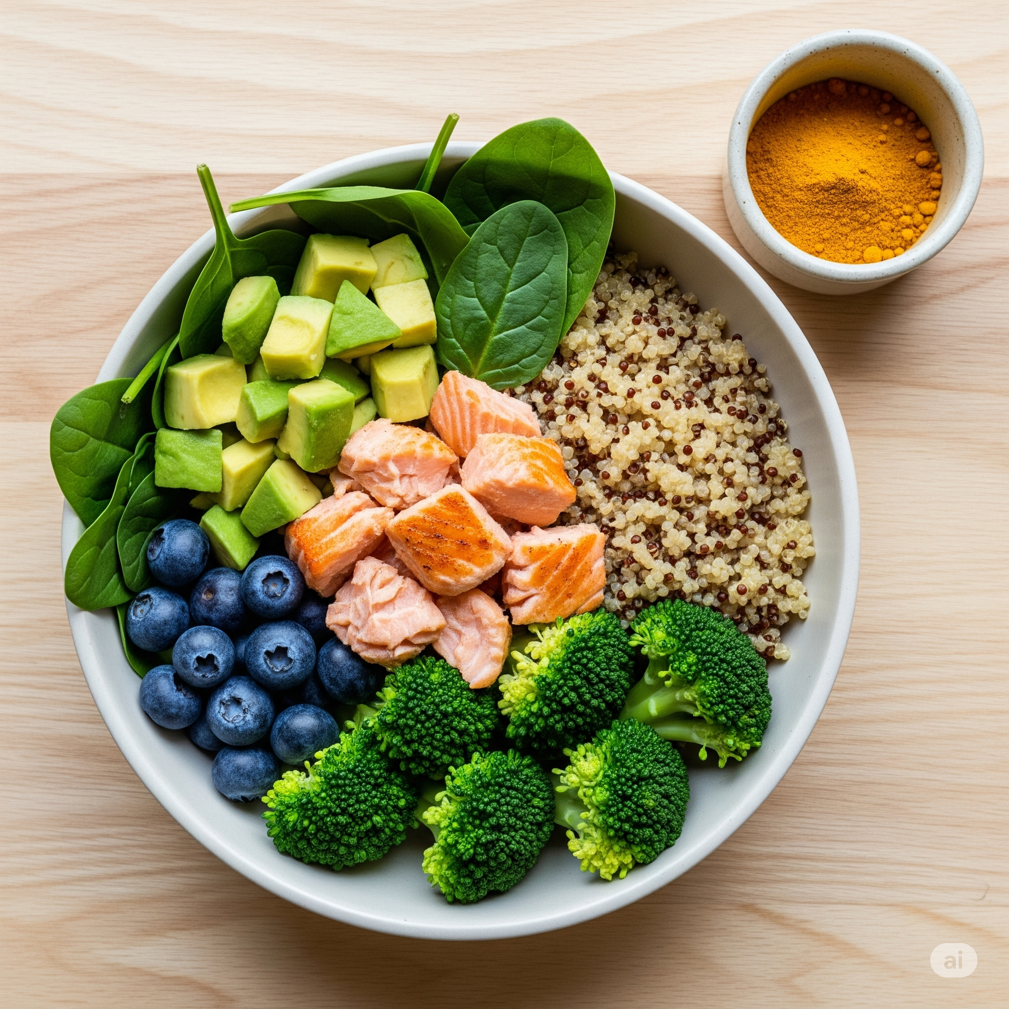 Uma tigela saudável com salmão, abacate, brócolis e folhas verdes, alimentos que compõem uma dieta anti-inflamatória.