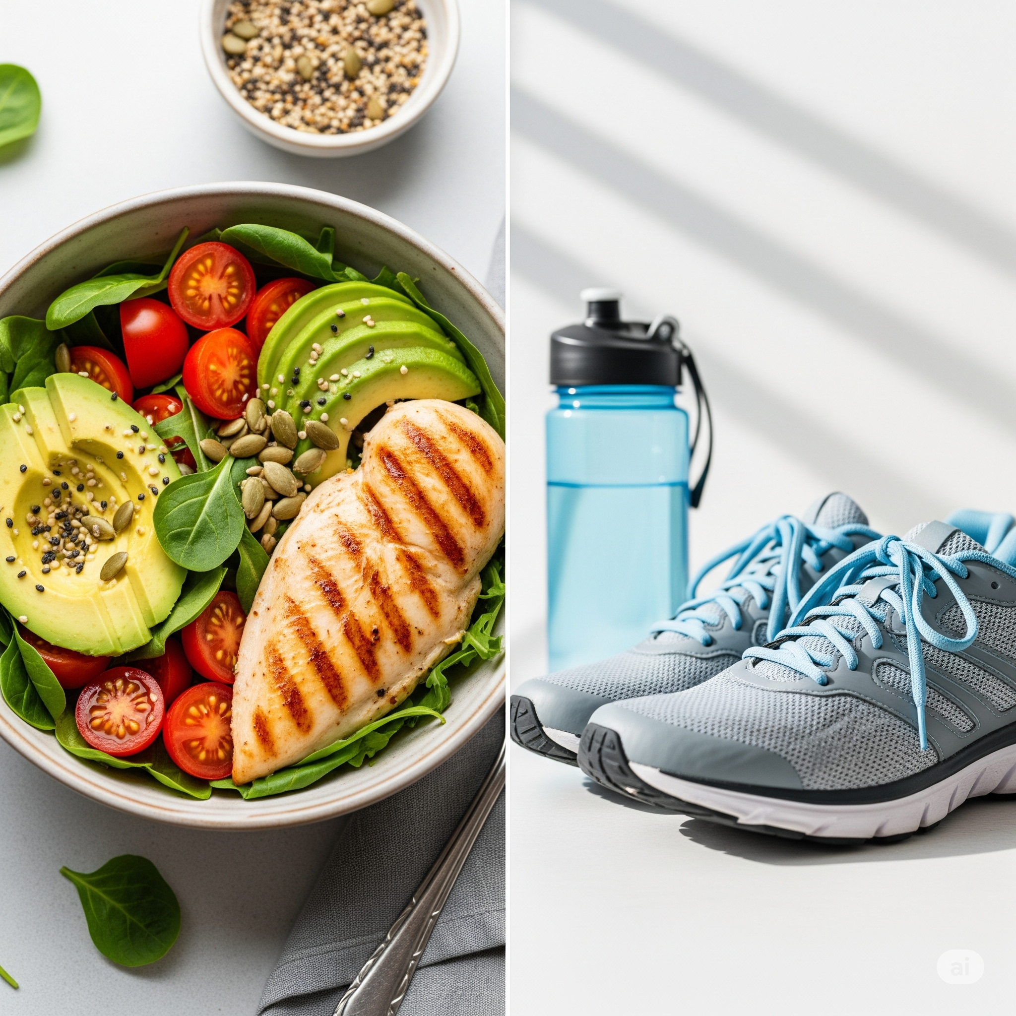 Composição mostrando um prato de comida saudável e um par de tênis, simbolizando a união de uma dieta eficaz com exercícios para perder gordura abdominal.