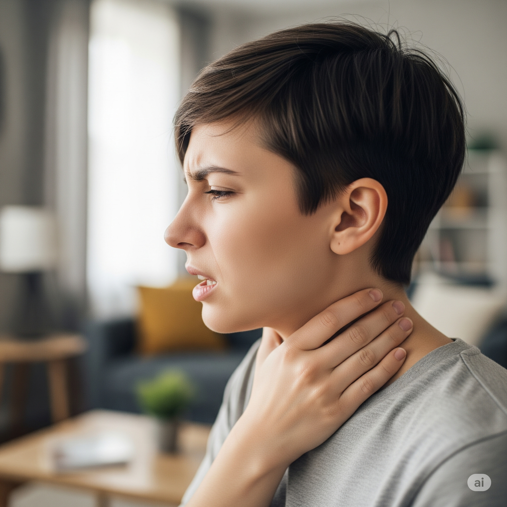 Pessoa com expressão de dor segurando o pescoço, representando o sintoma de garganta inflamada e a dor ao engolir.