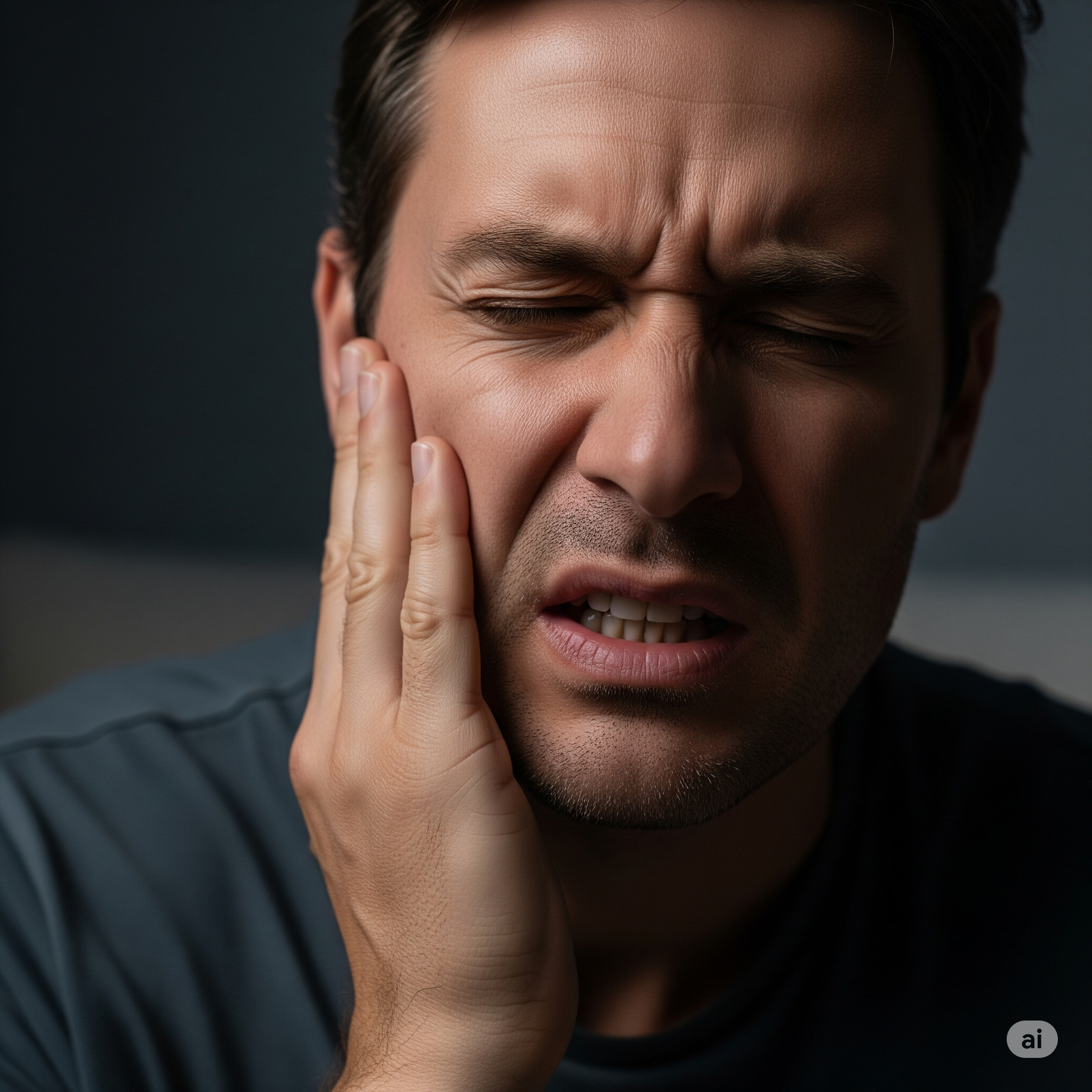 Homem com expressão de dor intensa, segurando a bochecha, representando o sofrimento de uma dor de dente.