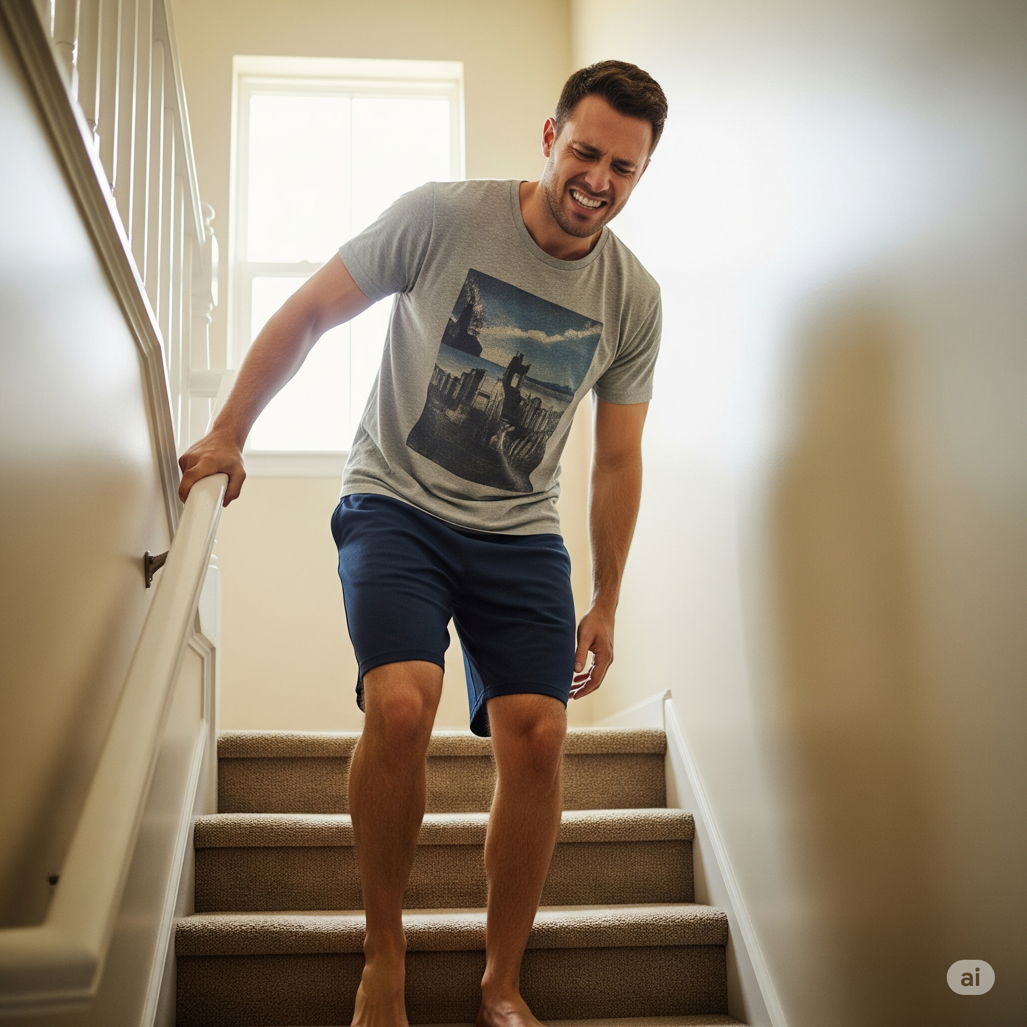 Homem sentindo dor muscular intensa nas pernas ao descer escadas, um sintoma clássico da dor muscular de início tardio pós-treino.