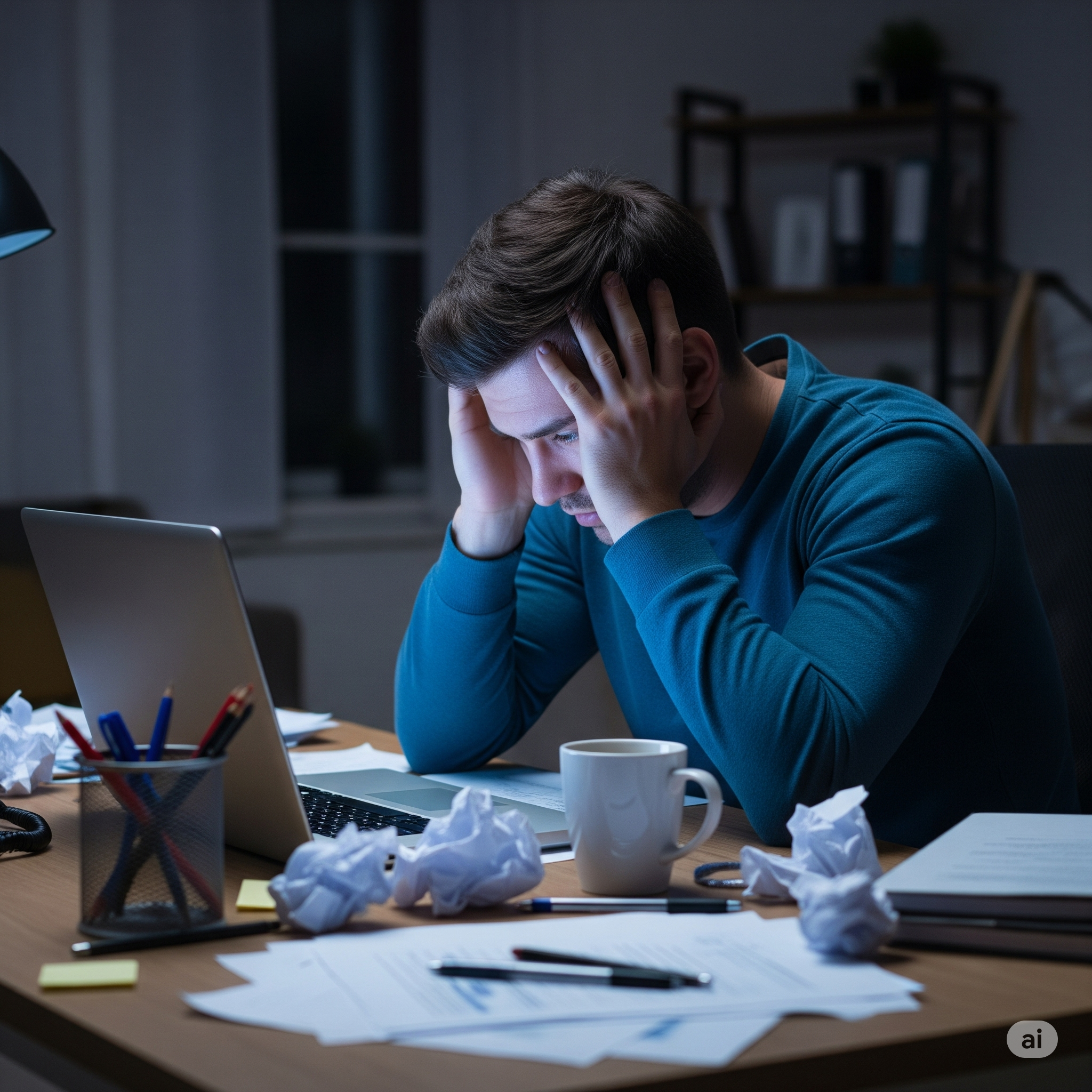Homem sobrecarregado e estressado trabalhando em seu laptop, representando o impacto do estresse crônico na saúde mental.