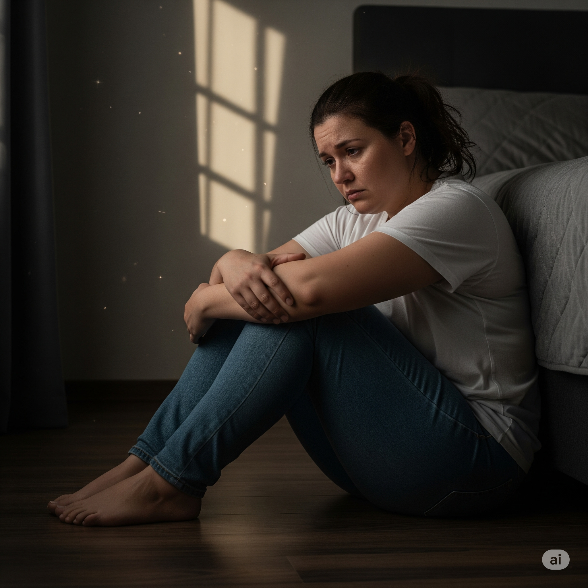 Mulher com expressão triste sentada sozinha em seu quarto, representando os gatilhos emocionais que podem levar à compulsão alimentar.