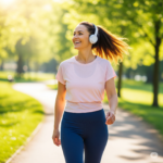 Mulher sorrindo e cheia de energia durante uma caminhada no parque, um hábito que ajuda a aumentar a serotonina e a melhorar o humor.