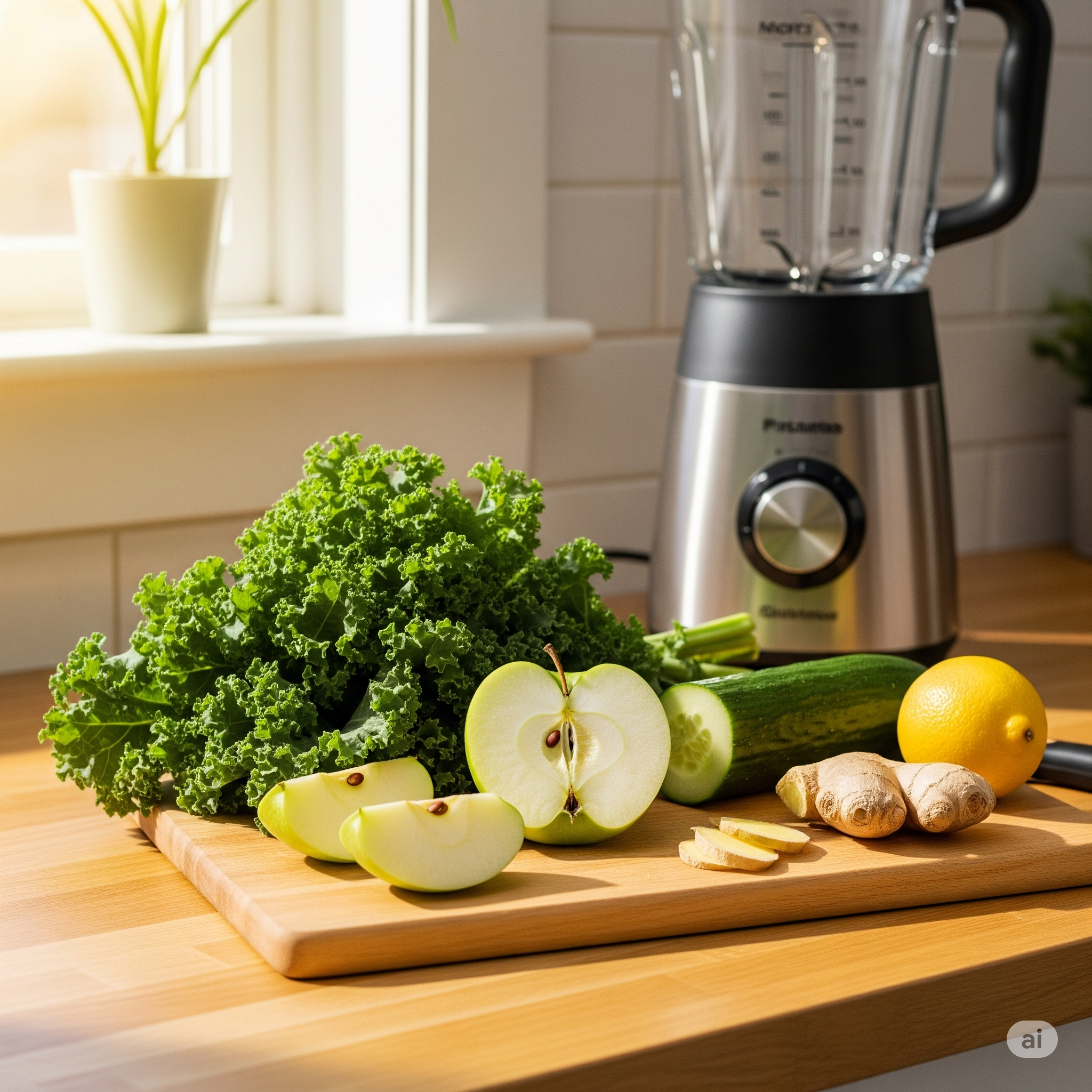 Ingredientes frescos como couve, maçã verde, pepino e gengibre sobre uma bancada, prontos para o preparo de um suco verde detox.