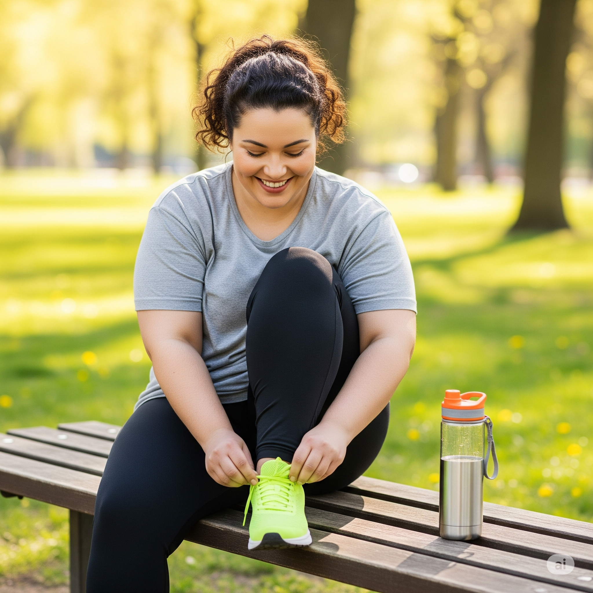 Mulher com sobrepeso, feliz e ativa, preparando-se para uma caminhada no parque, simbolizando o início de um emagrecimento saudável.