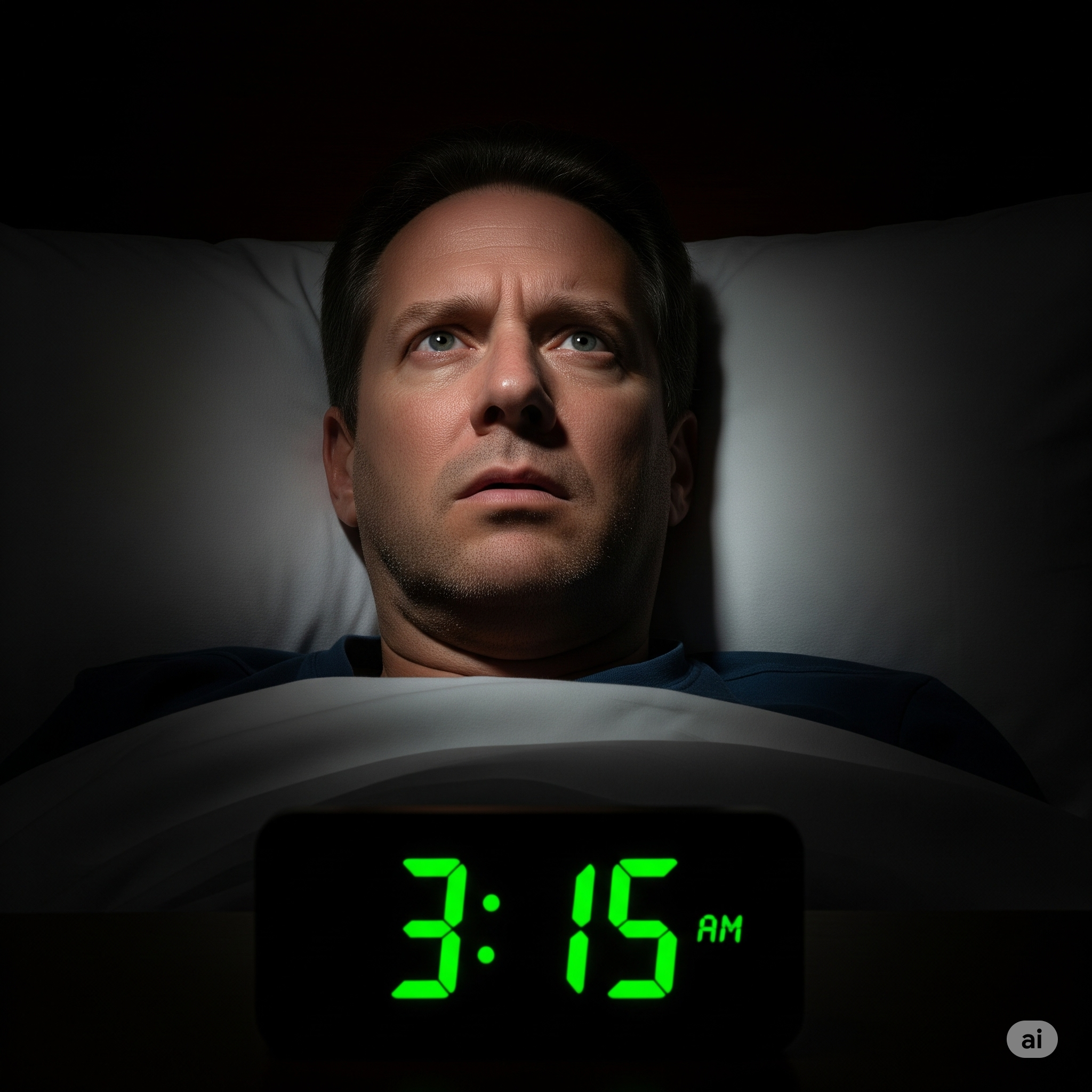 Homem deitado na cama acordado no meio da noite, sofrendo de insônia e olhando para o relógio com ansiedade.