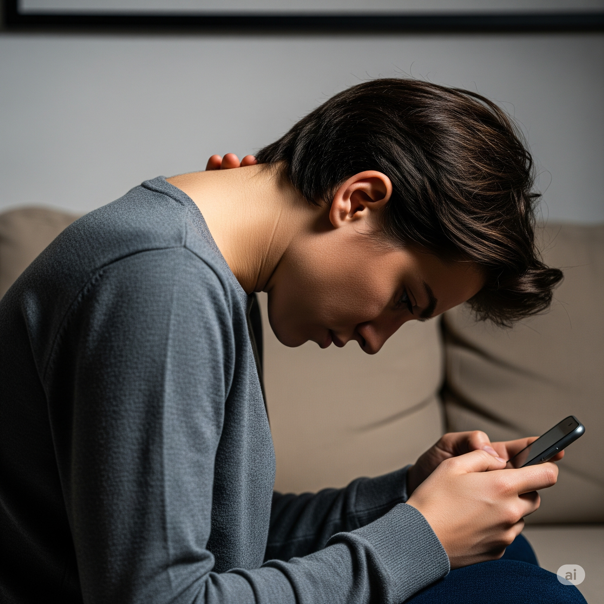 Pessoa olhando para o celular com má postura, demonstrando a causa do "text neck" e da dor no pescoço.