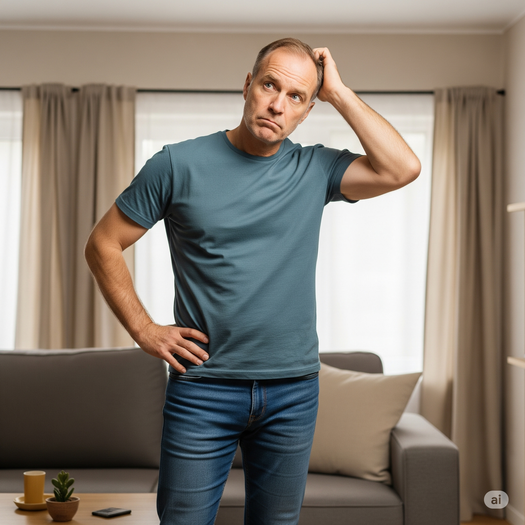 Homem com expressão confusa em casa, representando a frustração da memória fraca e do esquecimento no dia a dia.