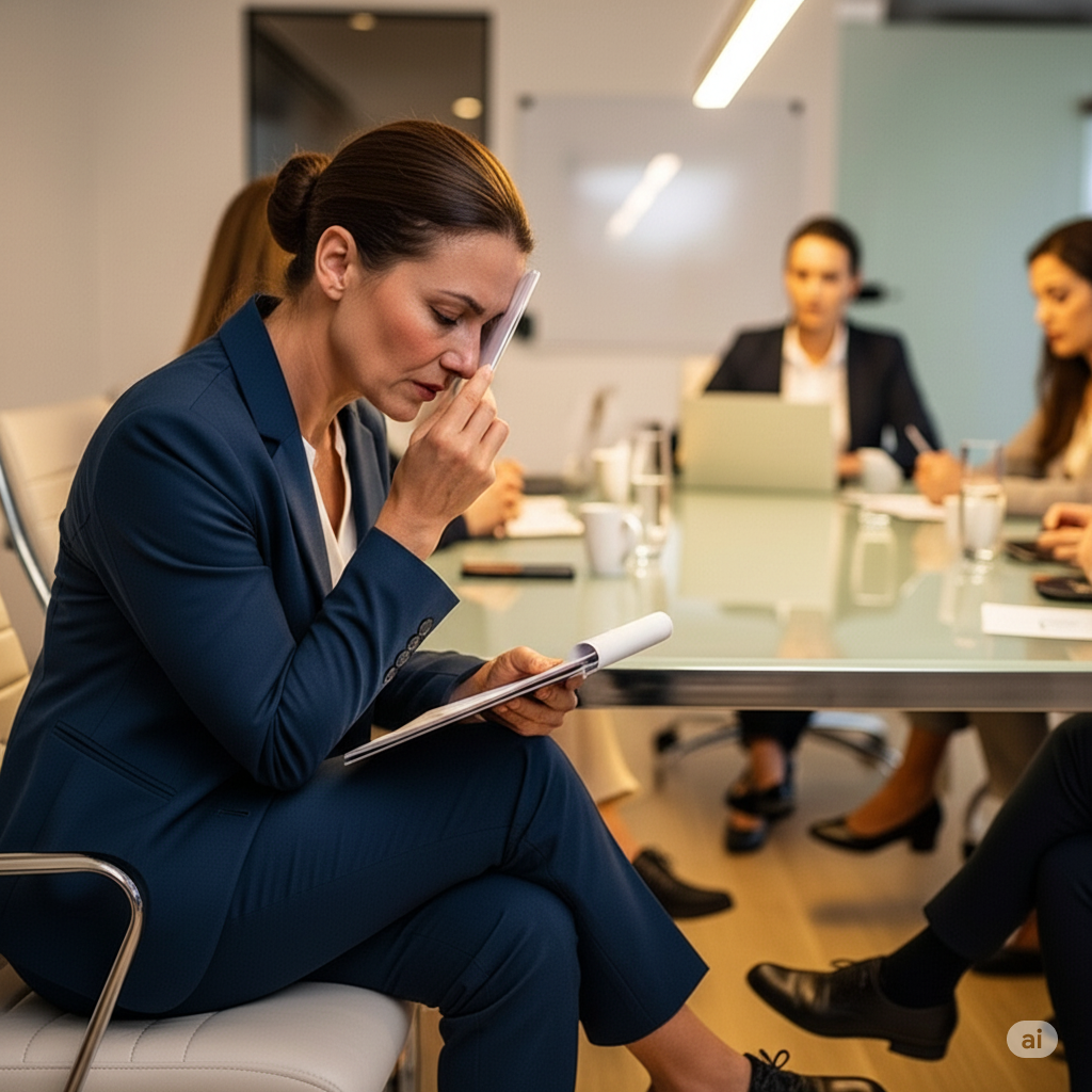 Mulher em uma reunião de trabalho sentindo o desconforto de uma das ondas de calor, um sintoma comum da menopausa.