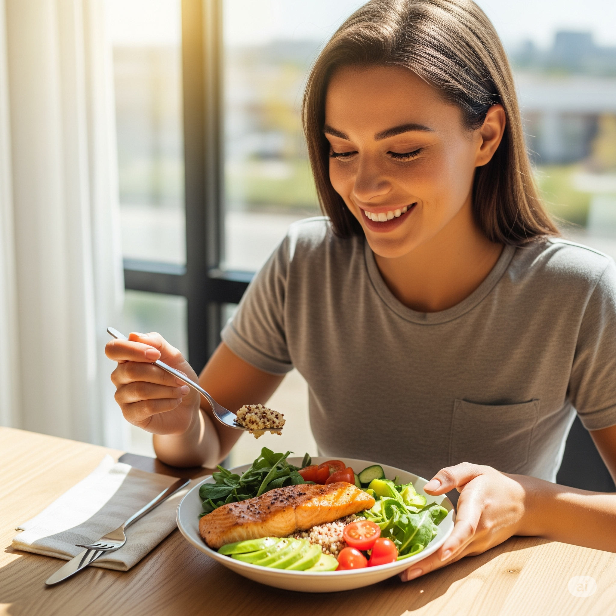 Pessoa quebrando o jejum intermitente com uma refeição saudável e balanceada, contendo salmão, quinoa e salada.