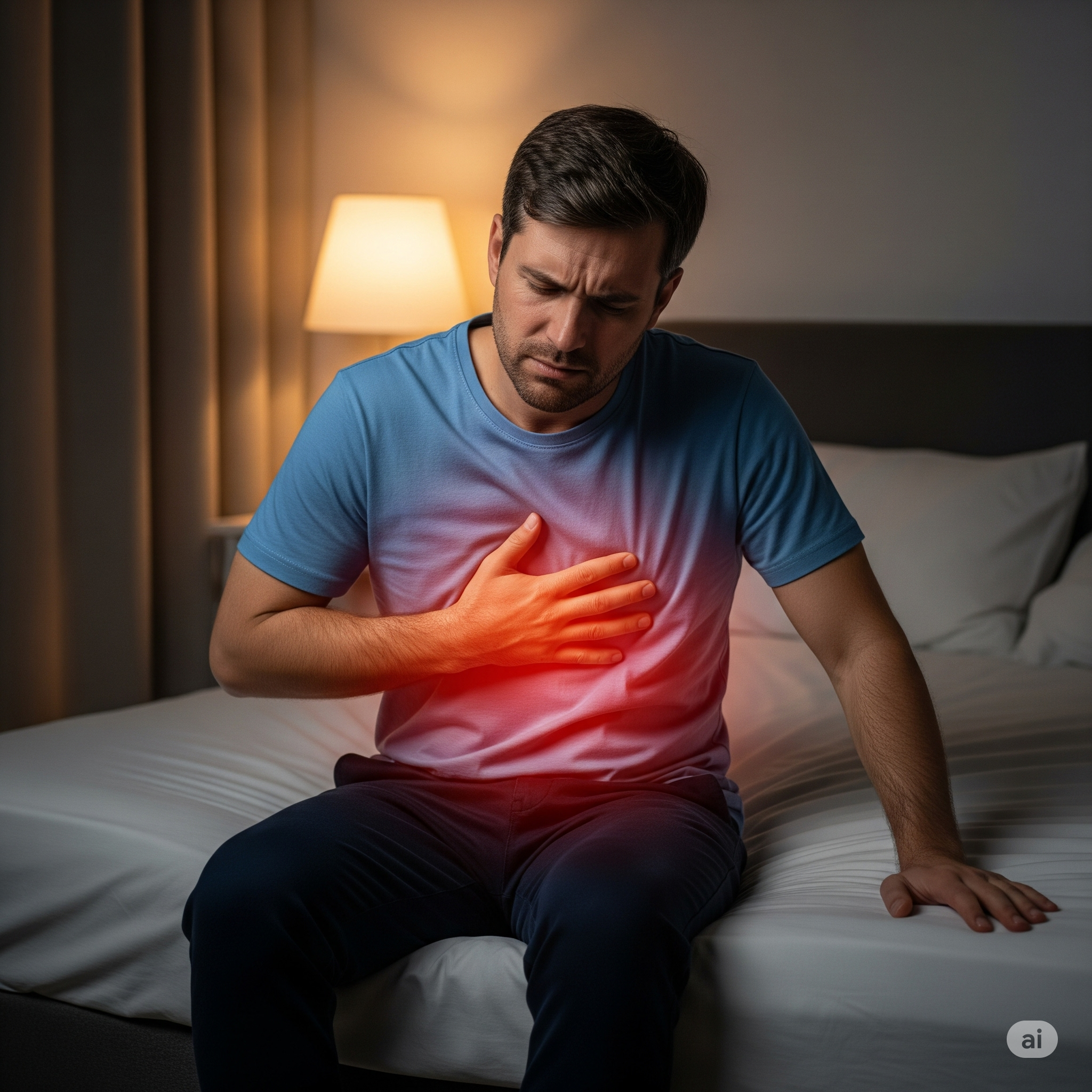 Homem sentindo desconforto no peito, representando o sintoma da queimação causado pela azia e pelo refluxo.