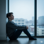 Pessoa olhando pela janela em um dia chuvoso, representando o isolamento e os sintomas emocionais da depressão.