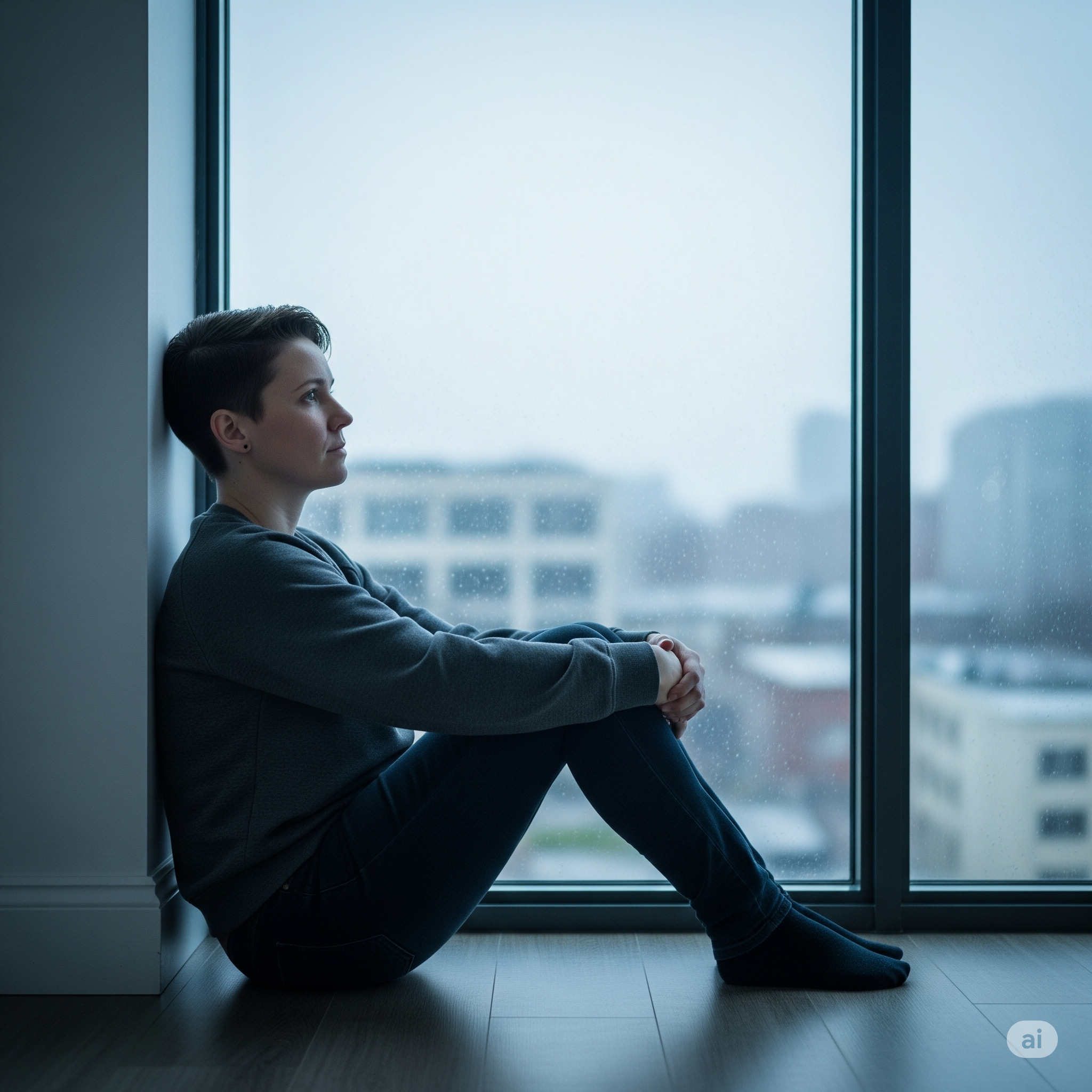 Pessoa olhando pela janela em um dia chuvoso, representando o isolamento e os sintomas emocionais da depressão.