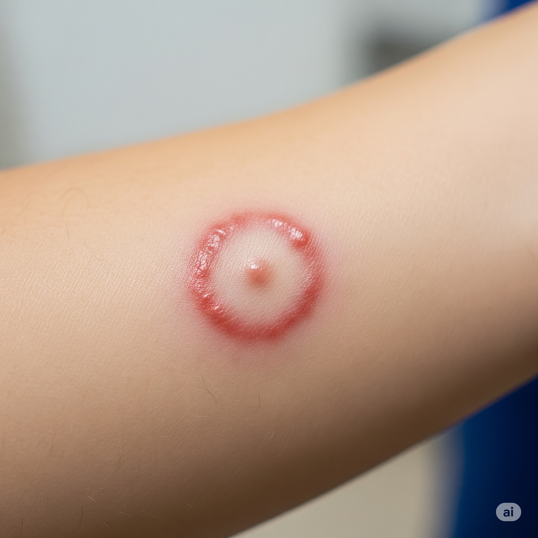 Close-up de uma lesão de micose na pele (tinha corporis), uma infecção fúngica com formato anelar e bordas avermelhadas.